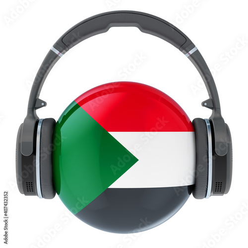 Headphones with Sudanese flag, 3D rendering