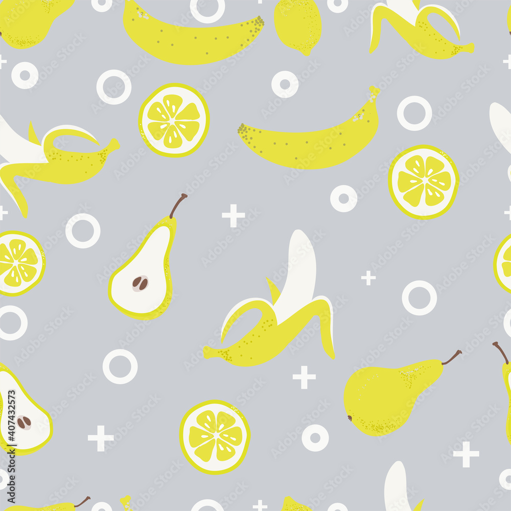 pattern banana, pear and lemon whole fruit and cut into pieces