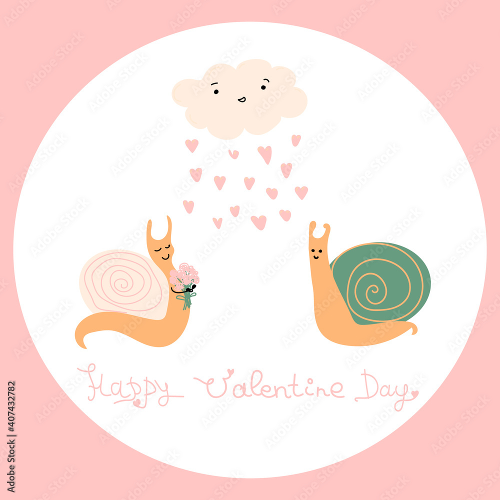 Fototapeta premium Couple of cute little snails together. Сloud with pink hearts. Snail holds bouquet. Vector Valentine's Day card. Cartoon illustration. Perfect for Valentine Day poster or greeting card, banner