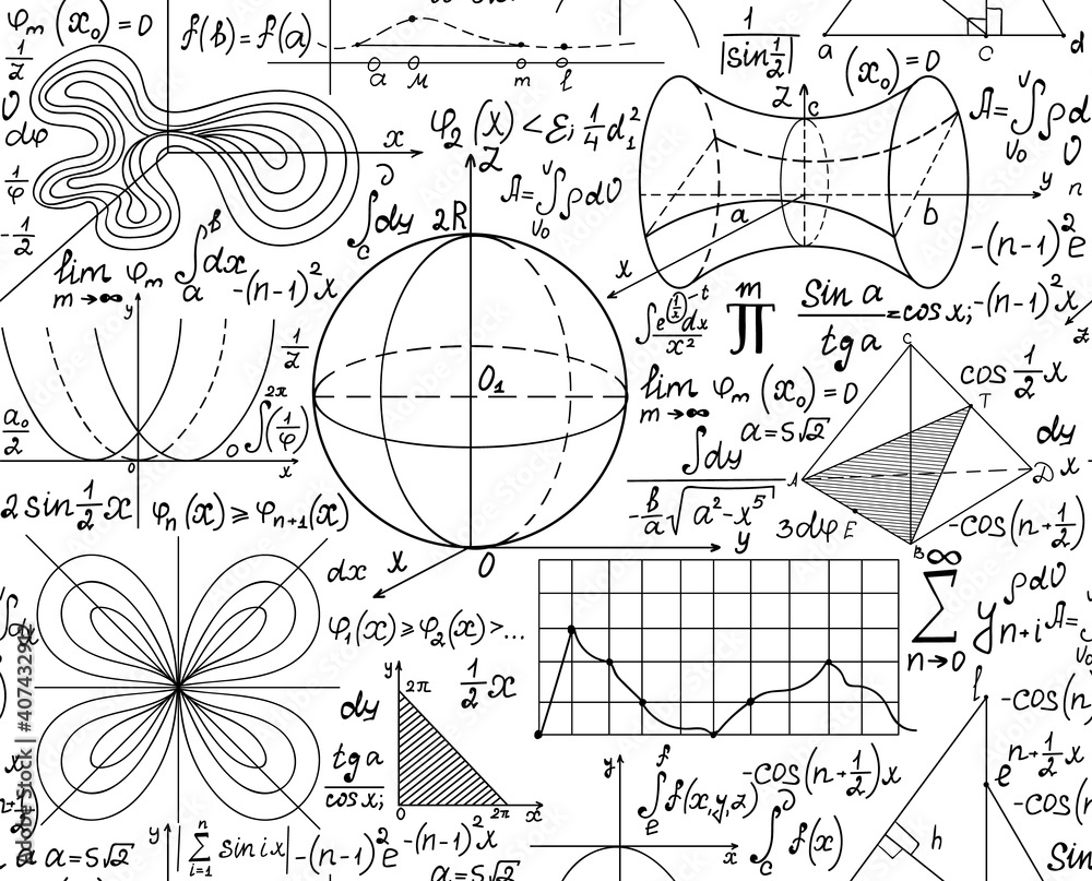 Scientific math vector seamless background with handwritten mathematical and physical formulas, plots and figures