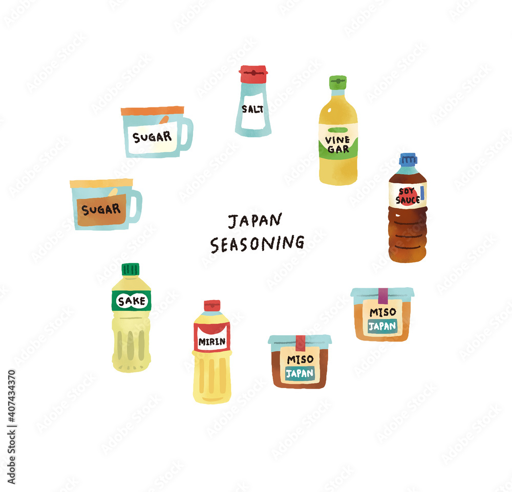カジュアルなタッチ 日本料理の調味料のイラストセット Stock Illustration Adobe Stock