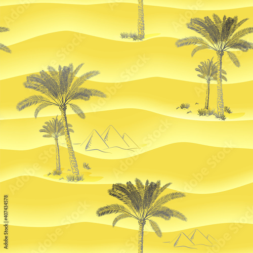 Seamless pattern with grey palm trees and Egypt pyramids in the yellow desert. Hand drawn vector illustration. Sketch. Abstract waves  dunes  3d relief  curved lines. Good for cover  postcard  fabric