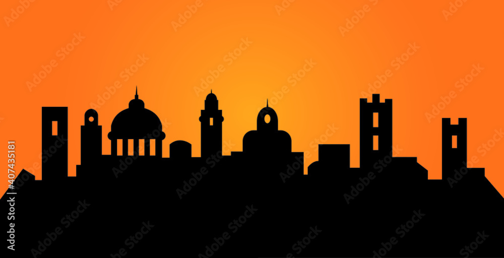 Black skyline of Bergamo in orange background in vector file