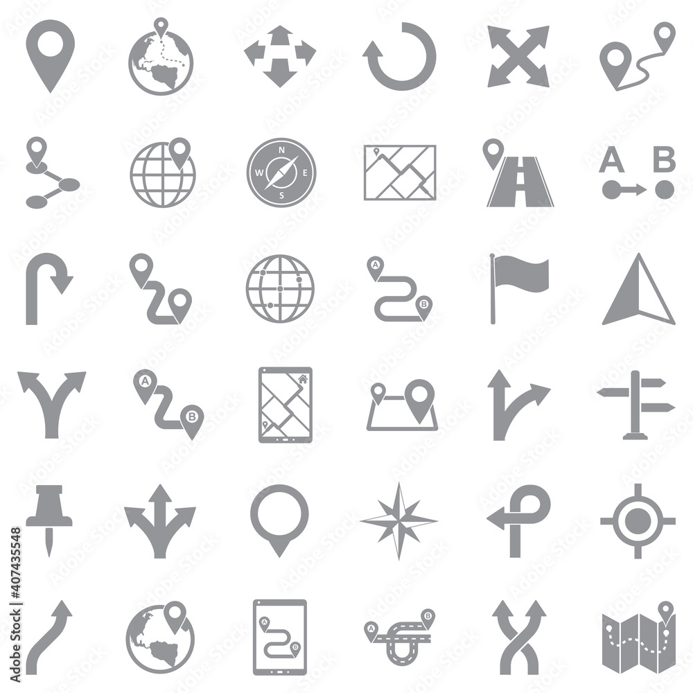 Route Icons. Gray Flat Design. Vector Illustration. Route Icons. Gray Flat Design. Vector Illustration.