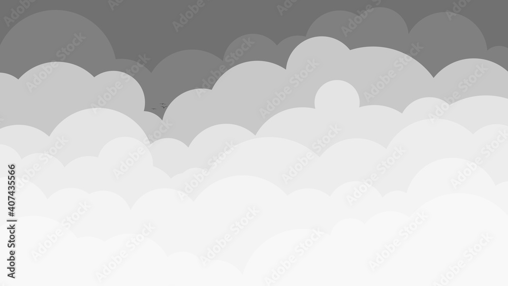 Black and white cartoon sky with clouds background illustration.