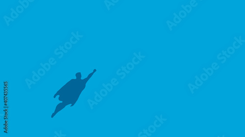 Hero silhouette in traditional superman clothing flying in the blue sky illustration.