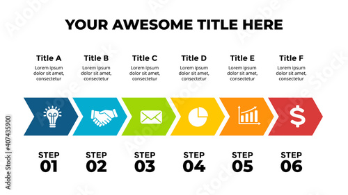 Arrows Vector Infographic. Timeline with 6 steps, options, processes. Presentation slide template. Chart diagram.