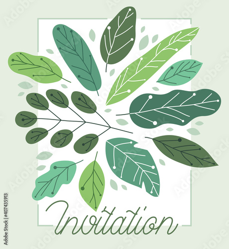 Greeting card with fresh green leaves vector flat drawing  floral design composition mockup layout  invitation or anniversary theme  congratulations poster.