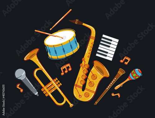 Jazz music band concept different instruments vector flat illustration on dark background, live sound festival or concert, musician different instruments set.