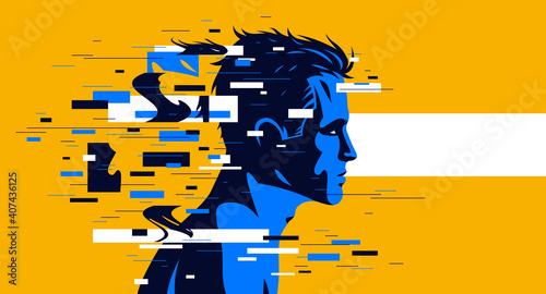 Man profile with glitch dynamic particles in motion vector illustration, mindfulness philosophical and psychological theme, neural network, technology or psychology concept.