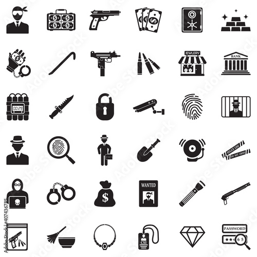 Robbery Icons. Black Flat Design. Vector Illustration.