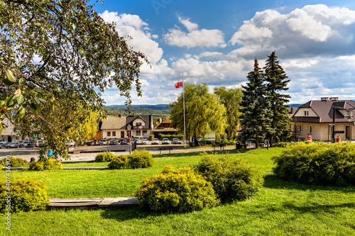 Fototapeta Naklejka Na Ścianę i Meble -  Panoramic view of central market square of historic royal open-air museum town of Lanckorona in mountain region of Lesser Poland