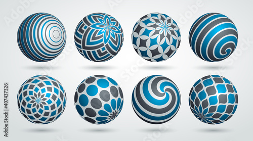 Abstract spheres vector set, collection of balls decorated with patterns, 3D mixed variety realistic globes with ornaments collection.