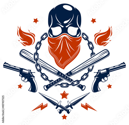 Gang brutal criminal emblem or logo with aggressive skull baseball bats and other weapons and design elements, vector anarchy crime terror retro style, ghetto revolutionary.