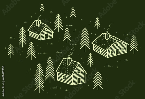 Rural village in woods linear vector illustration on dark, wooden houses in trees forest line art drawing, countryside log cabins cottages, travel in wilderness for rest.
