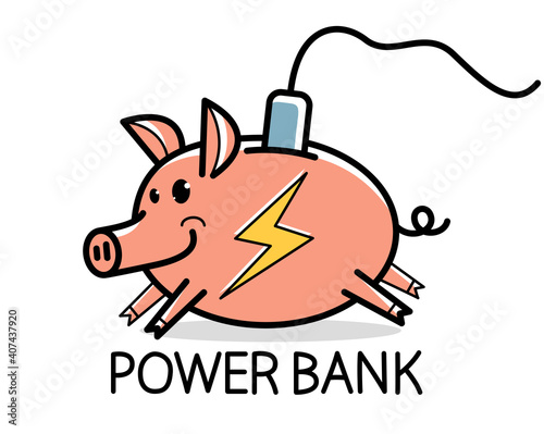 Humorous power bank concept with piggy bank and plug vector illustration isolated.