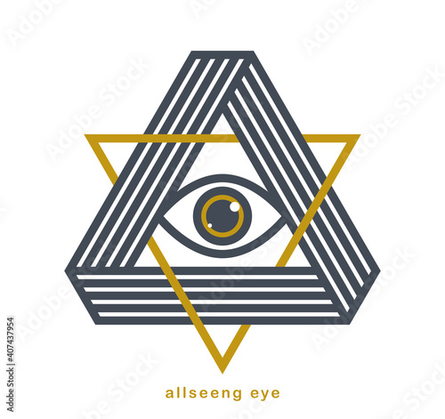 All seeing eye in triangle pyramid vector ancient symbol in modern linear style isolated on white, eye of god, masonic sign, secret knowledge illuminati.