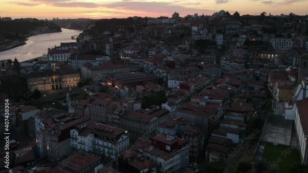 Aerial time lapse from city center of Porto at twilight, Portugal Aerial time lapse from city center of Porto at twilight, Portugal