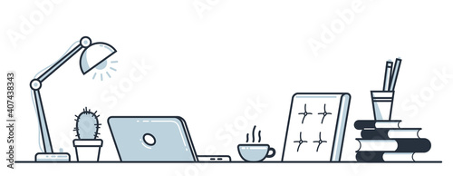 Education or intellectual work concept work desk with books vector flat illustration isolated, study or job, freelance worker workspace, comfortable workplace.