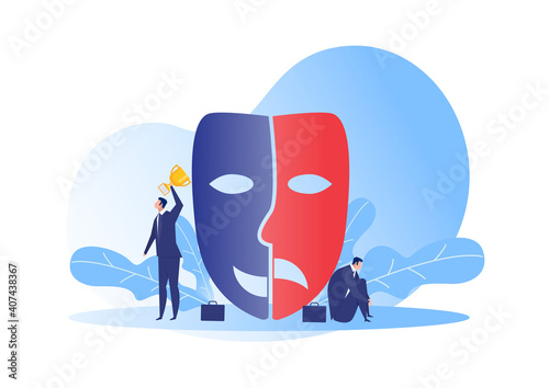 Imposter syndrome.man standing for him present profile with face mask Anxiety and lack of self confidence at work; the person fakes is someone else concept