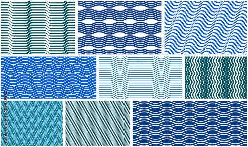 Geometric wavy lines seamless pattern vector set, 3D dimensional endless background wallpaper design image collection, stripy curved tillable texture.