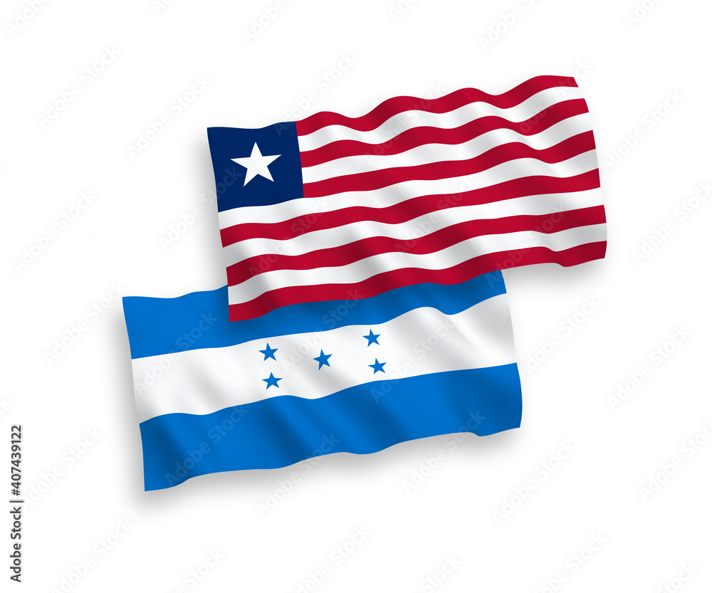 Obraz premium National vector fabric wave flags of Liberia and Honduras isolated on white background. 1 to 2 proportion.