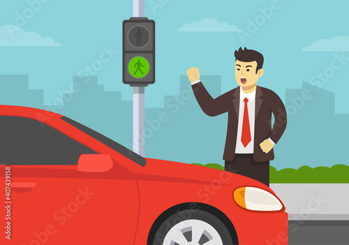 Angry pedestrian yelling at car driver blocking crosswalk. Red light signal running car. Flat vector illustration template.