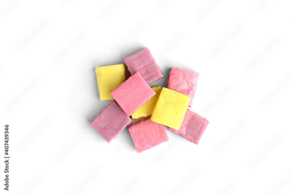 Colorful fruit chewing candies isolated on white background. Top view. Colorful fruit chewing candies isolated on white background. Top view.
