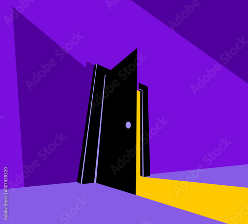 Half open door from the dark room, fear of the unknown vector concept illustration, bedroom scary nightmare theme.