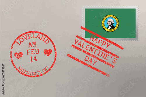 Postage stamp envelope with Washington US flag and Valentine s Day stamps, vector