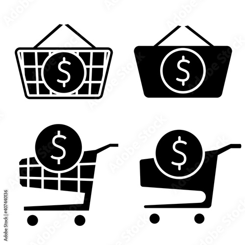 Shopping cart with dollar sign inside. The order is complete. Place an order. Complete shopping, paying. Collection of web icons for online store, from various cart icons in various shapes