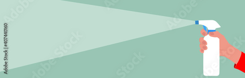  Hand spraying. vector graphic illustration, web banner, web header, footer, flier, frame, copy space, vector illustration, graphic, landscape, realistic, sterilization, green