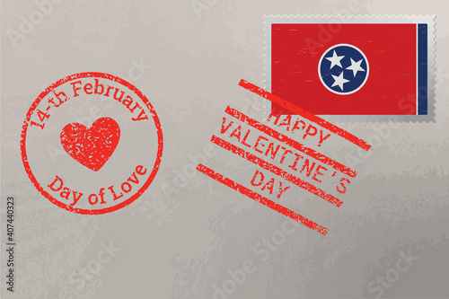 Postage stamp envelope with Tennessee US flag and Valentine s Day stamps, vector