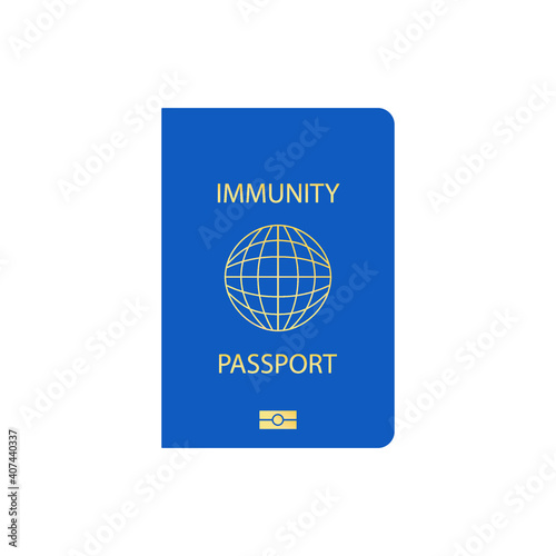 Vector flat illustration 2021 Travel Health Immune Passport. New normal after COVID-19 pandemic. Immunity Passport blue
Design with gold yellow letters and biometric icon or sign. Isolated on white