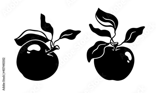 Two different apples with stalk and leaves. Fresh garden fruits, single icon. Hand drawn silhouette. Black graphic illustration. Food element, poster, tattoo. Flat isolated vector, white background