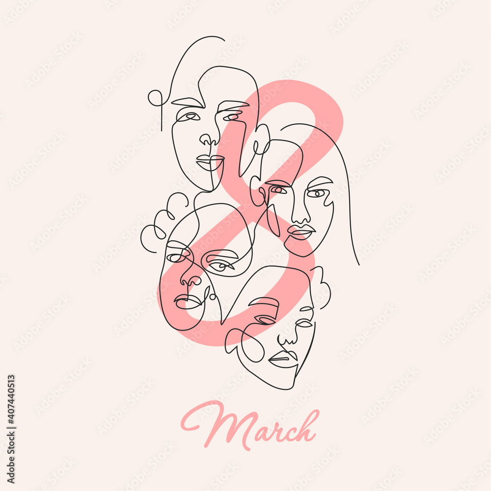 International Women s Day. Abstract backgrounds with minimal shapes and line art faces. Vector illustration.