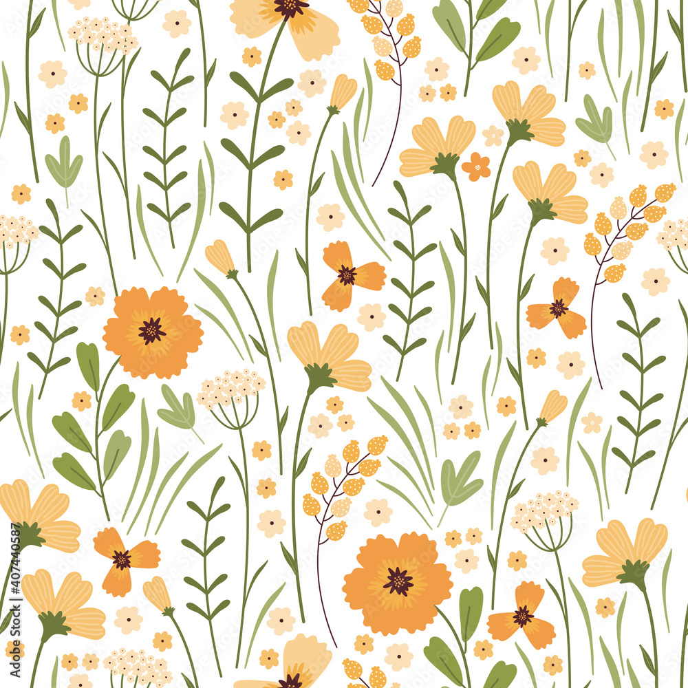 Blooming summer meadow seamless pattern. Repeating floral pattern on white background. Lot of different wild yellow flowers, buds, leaves, stems on the field. Liberty millefleurs. Scandinavian style. Blooming summer meadow seamless pattern. Repeating floral pattern on white background. Lot of different wild yellow flowers, buds, leaves, stems on the field. Liberty millefleurs. Scandinavian style.