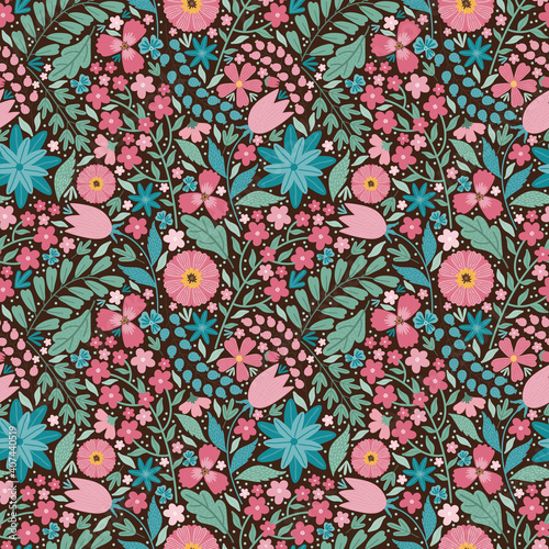 Blooming midsummer meadow seamless pattern. Floral background of colorful flowers, buds, leaves, stems. Lot of different flowers on the field. Liberty millefleurs. Scandinavian style art florals.