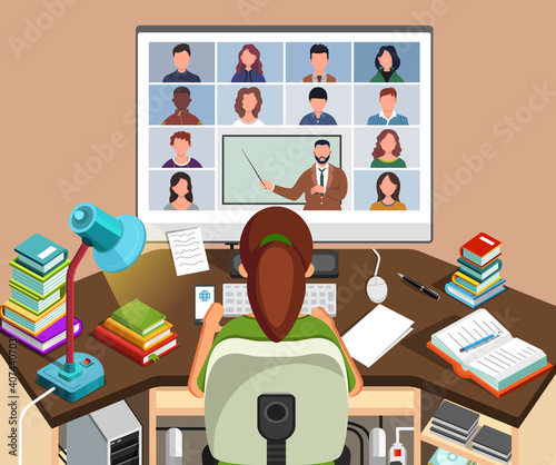 Girl watching lesson online and studying sitting at her desk at home. Young student taking notes while looking at computer screen. Video conference call on laptop. Distance education concept vector