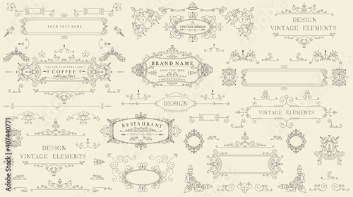 Decorative vintage set of thin calligraphic elements: borders, frames, dividers, ornaments, page decoration. Combinations for retro design, greeting cards, certificates and invitations. Vector 