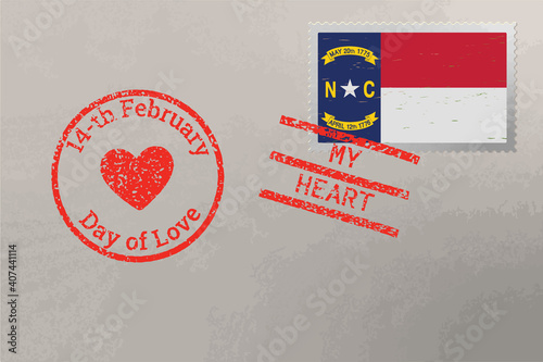 Postage stamp envelope with North Carolina US flag and Valentine s Day stamps, vector