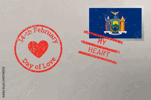 Postage stamp envelope with New York US flag and Valentine s Day stamps, vector