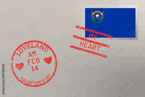 Postage stamp envelope with Nevada US flag and Valentine s Day stamps, vector