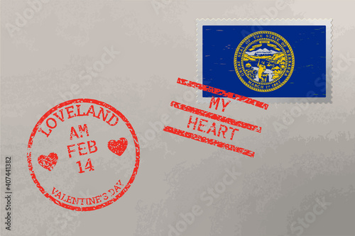 Postage stamp envelope with Nebraska US flag and Valentine s Day stamps, vector