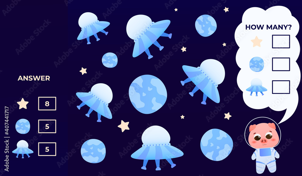 Counting educational game for kids, help astronaut, puzzle for children books or worksheets, explore galaxy Counting educational game for kids, help astronaut, puzzle for children books or worksheets, explore galaxy