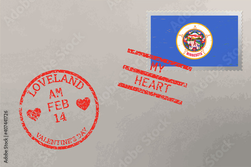 Postage stamp envelope with Minnesota US flag and Valentine s Day stamps, vector