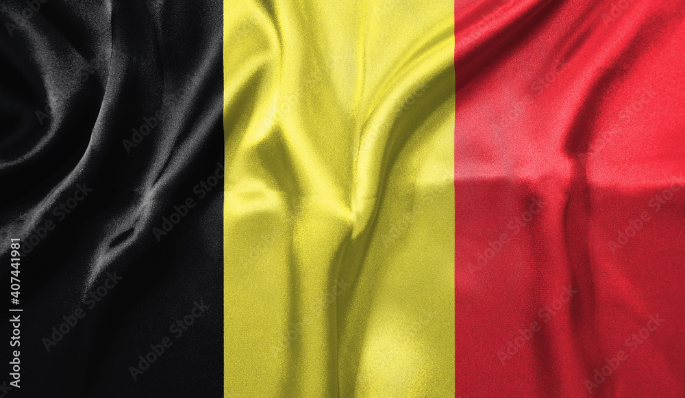 Belgium flag wave close up. Full page Belgium flying flag. Highly detailed realistic 3D rendering