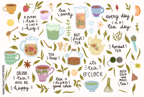 Collection of tea  cups,teapots and herbal tea. Vector hand drawn illustration.