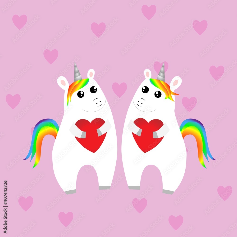 Cute cartoon unicorn with rainbow bangs and heart, simple vector illustration