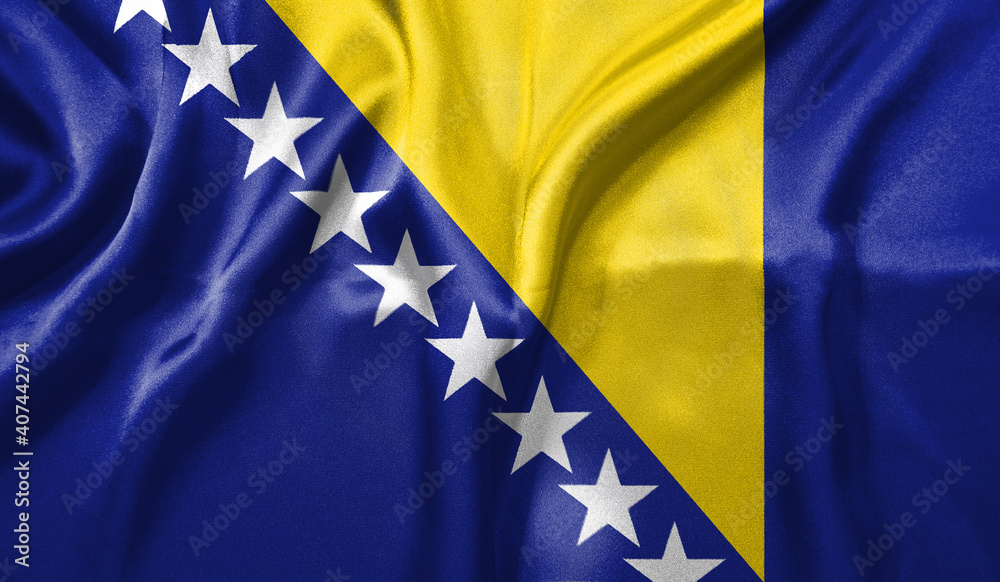 Bosnia and Herzegovina flag wave close up. Full page Bosnia and Herzegovina flying flag. Highly detailed realistic 3D rendering Bosnia and Herzegovina flag wave close up. Full page Bosnia and Herzegovina flying flag. Highly detailed realistic 3D rendering